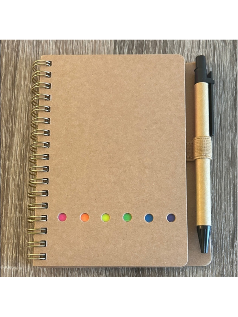 Kraft Spiral Notebook with Rainbow Accent and Pen (Tan)